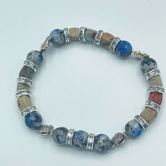 Sea Turtle K2 Picasso stone jasper crystal beaded stretch bracelet ONE NEW rhine - Picture 7 of 8